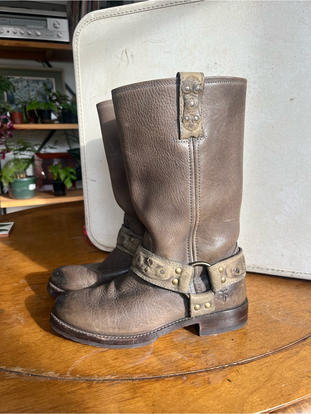 Frye Brown Leather Harness Moto Boots